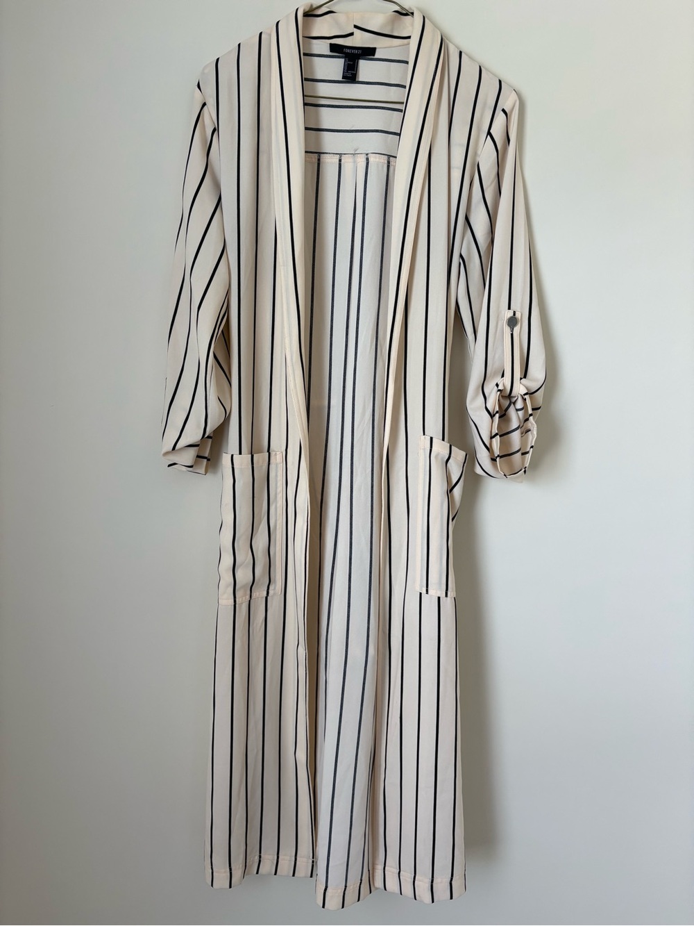 Striped Open Front Duster Cardigan - Cream & Black